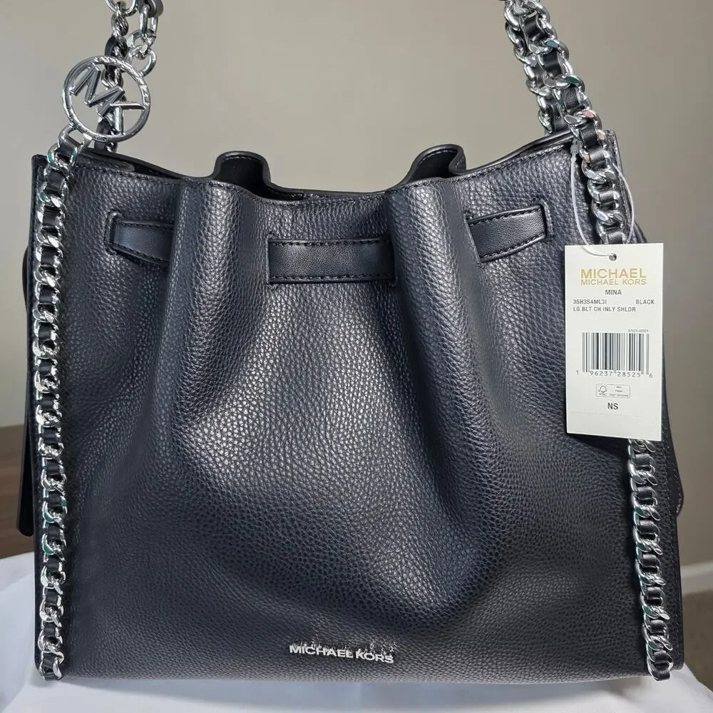 NEW Michael Kors MK Black Mina Large Chain Belted Vegan Leather Shoulder Bag